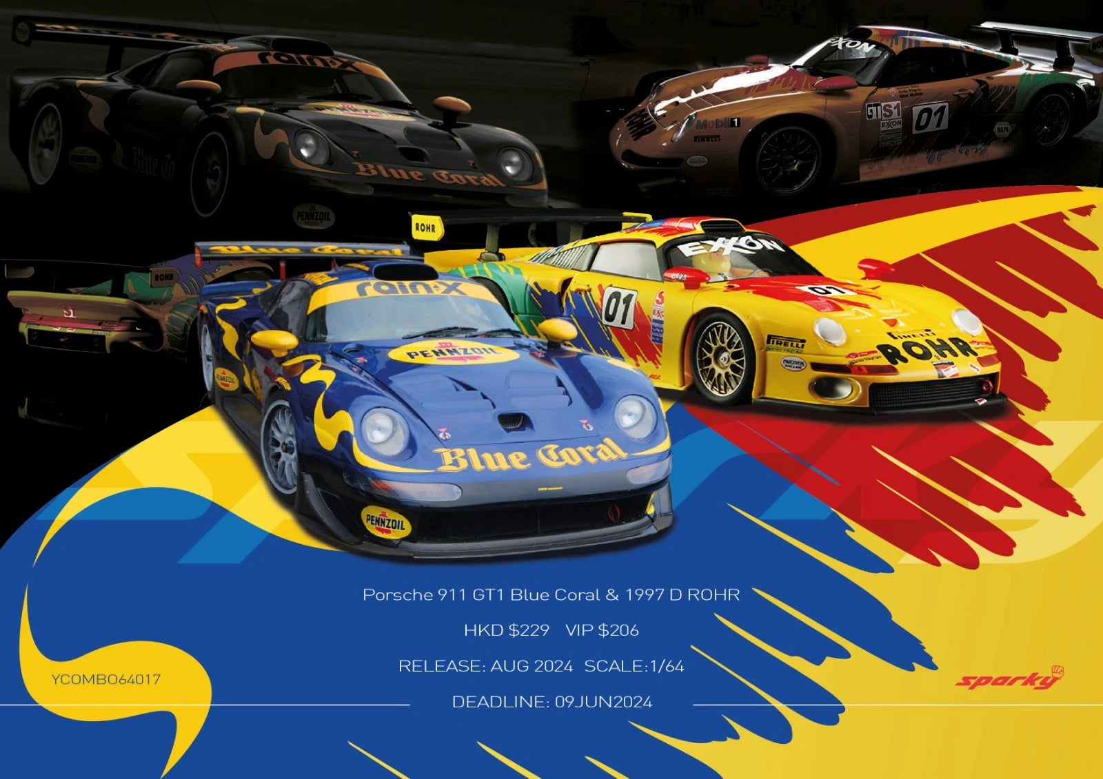 Sparky 1/64 Porsche 911 GT1 Blue Coral & 1997 D ROHR (YCOMBO64017)