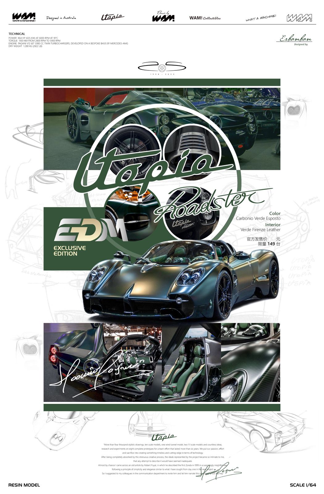 WAM X EDM 1/64 Pagani Utopia Roadster Carbonio Verde Esposto (Copy)