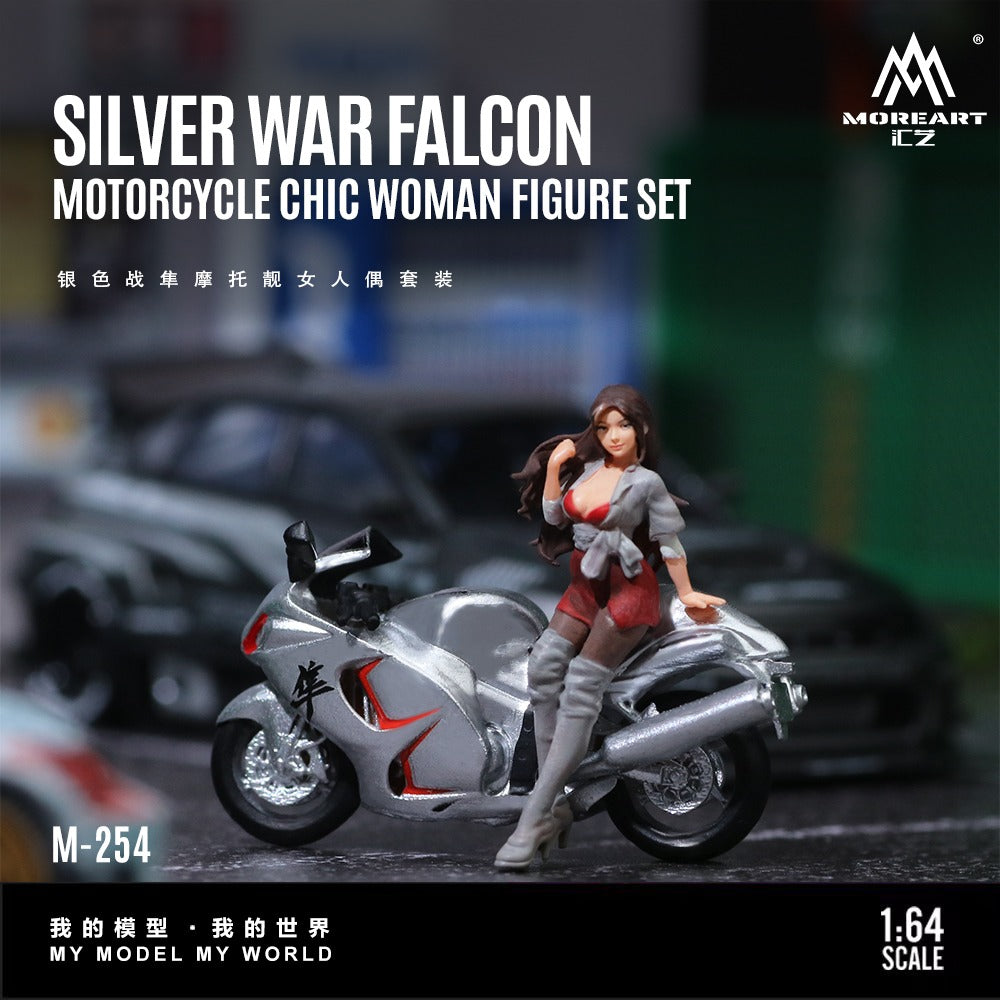 MoreArt 1:64 Silver Falcon Motorcycle Chic Woman Doll Set Resin Model