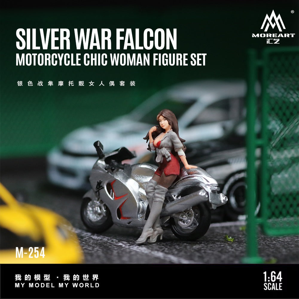 MoreArt 1:64 Silver Falcon Motorcycle Chic Woman Doll Set Resin Model
