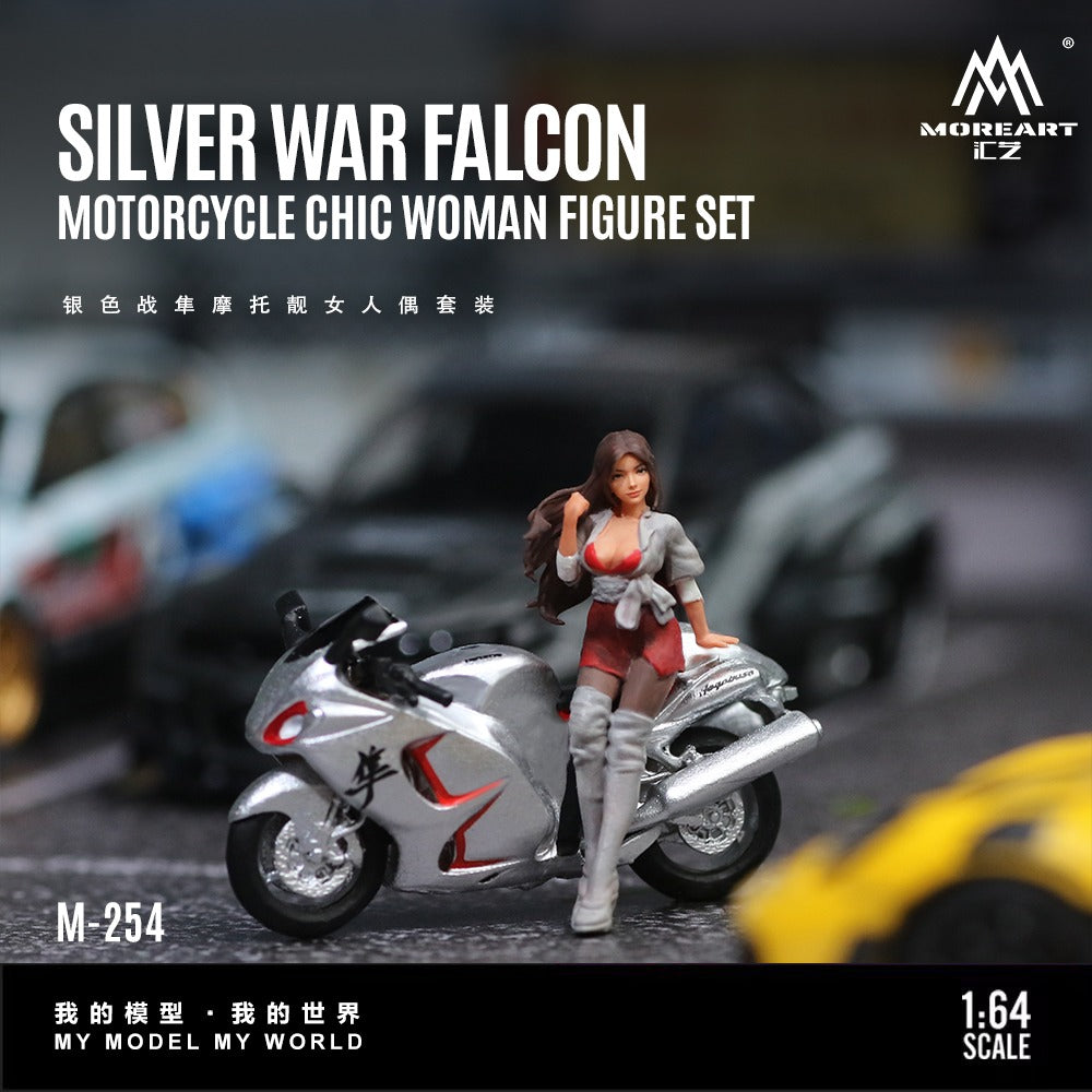 MoreArt 1:64 Silver Falcon Motorcycle Chic Woman Doll Set Resin Model
