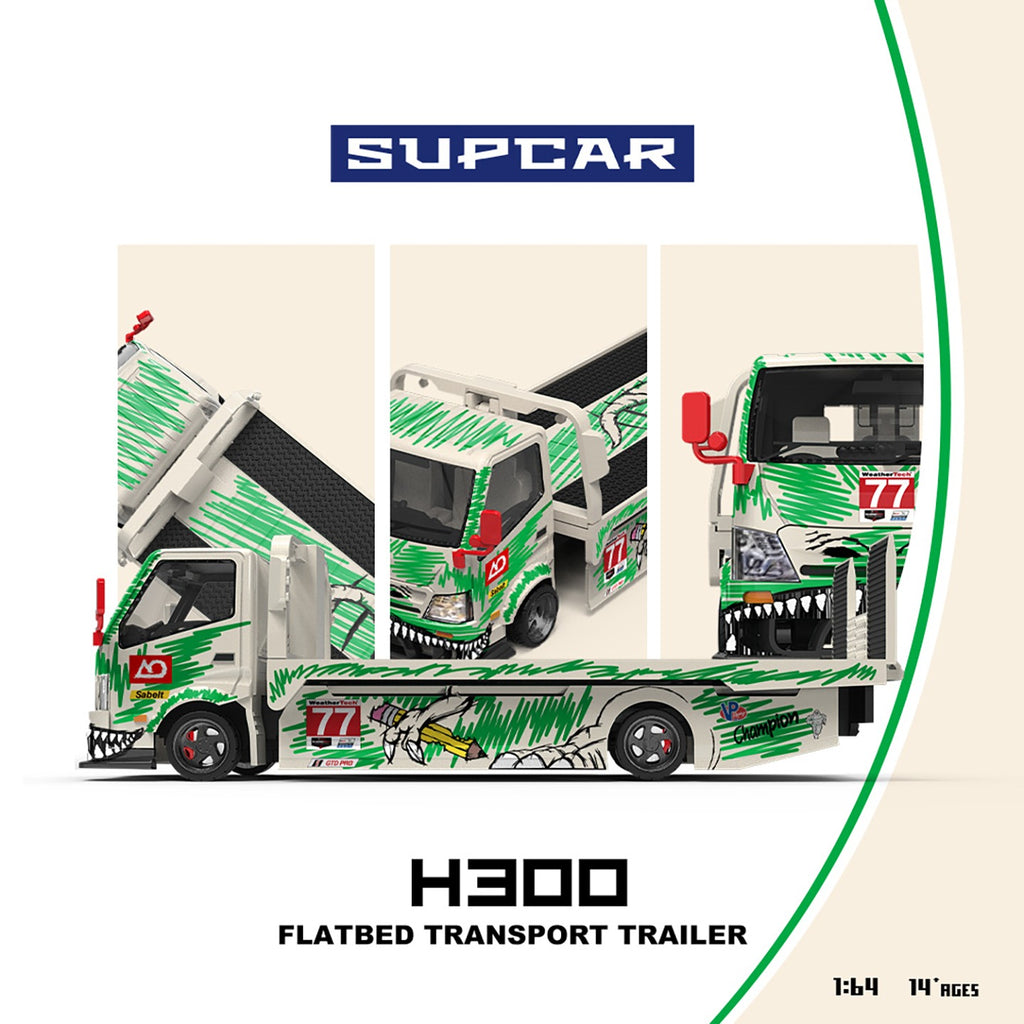 SupCar 1:64 H300 Flat Transport Trailer - Model 77 - White and Green Graffiti Green Dinosaur
