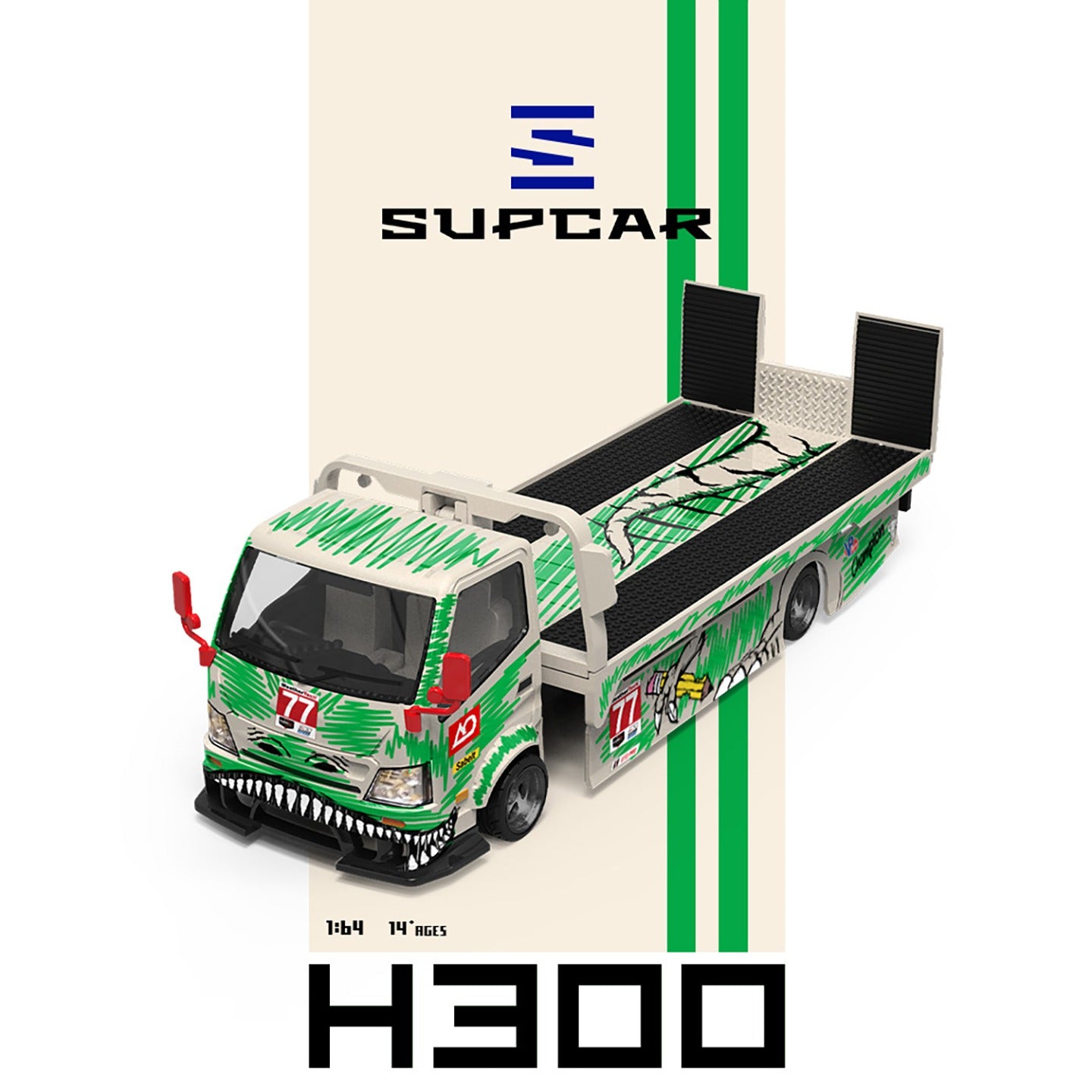 SupCar 1:64 H300 Flat Transport Trailer - Model 77 - White and Green Graffiti Green Dinosaur