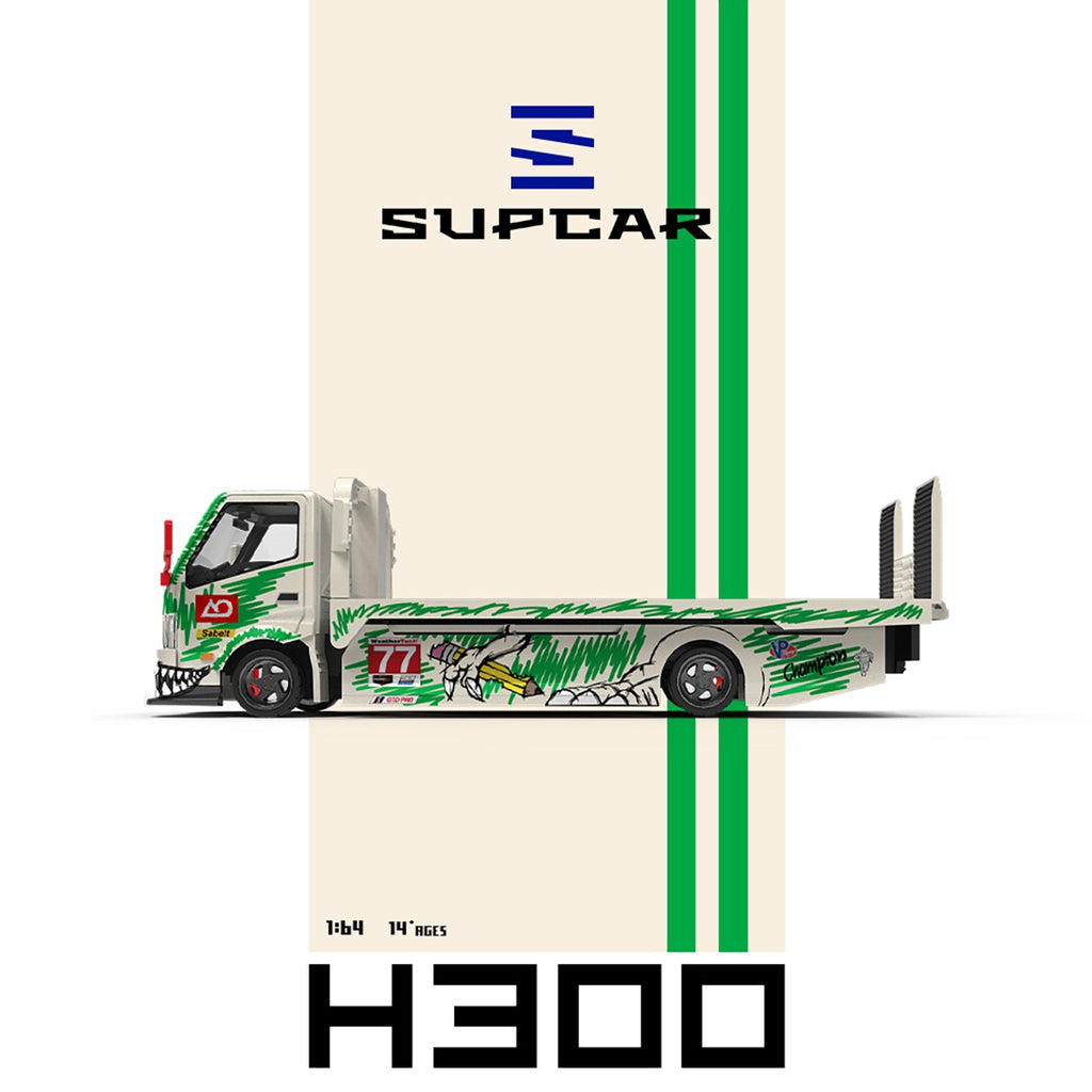 SupCar 1:64 H300 Flat Transport Trailer - Model 77 - White and Green Graffiti Green Dinosaur