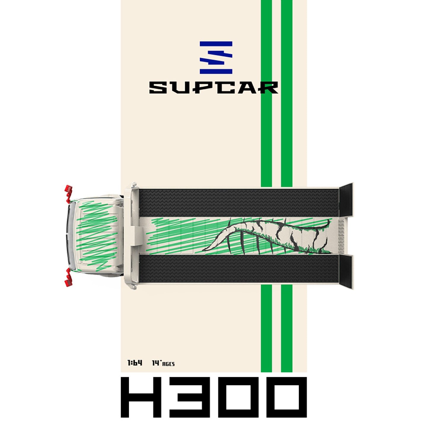 SupCar 1:64 H300 Flat Transport Trailer - Model 77 - White and Green Graffiti Green Dinosaur