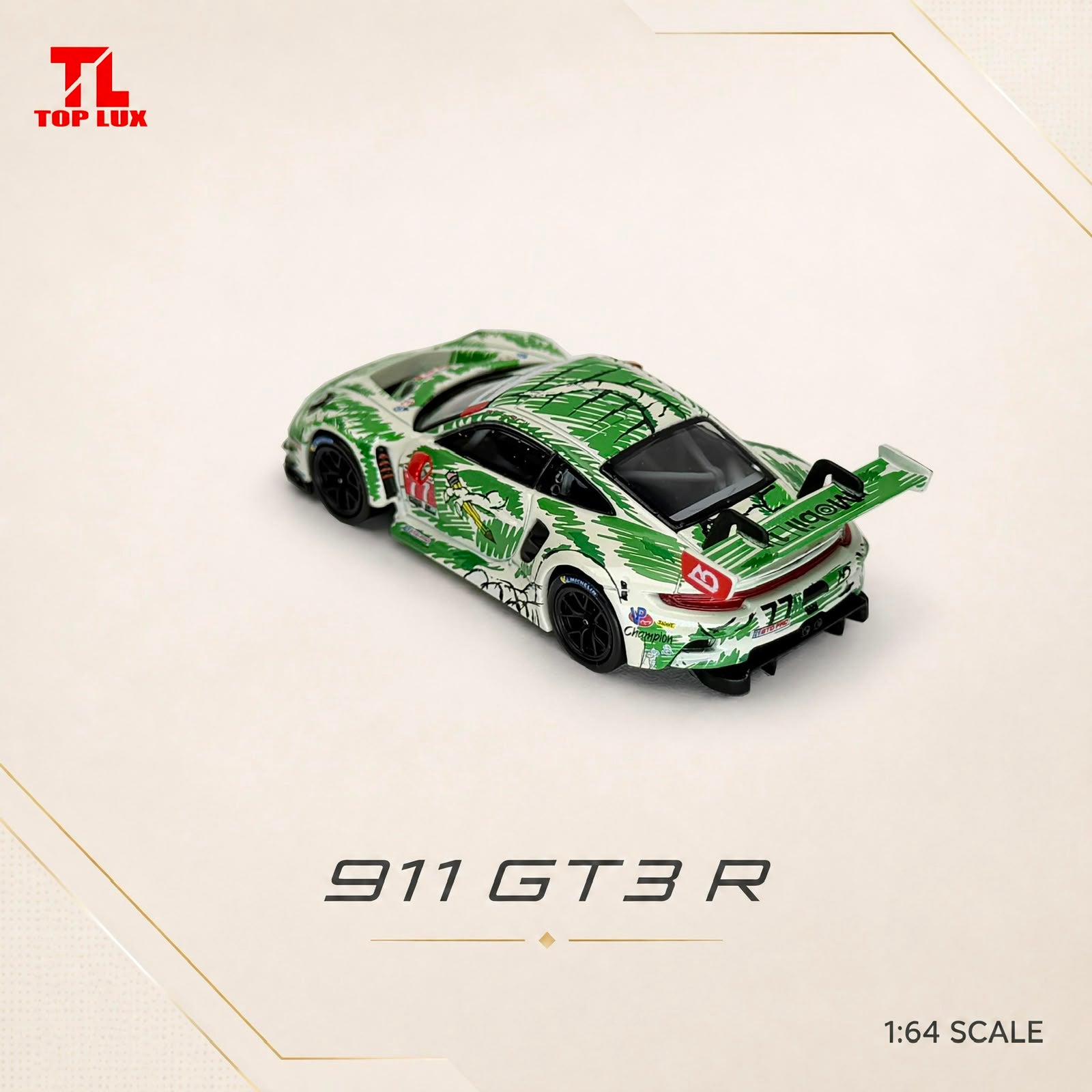 TOP LUX 1/64 911GT3R Green Sketch Dinosaur Diecast model