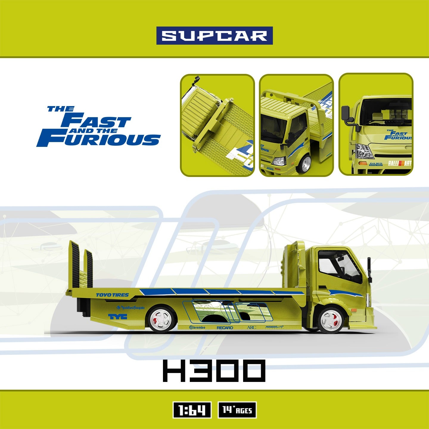 SupCar 1:64 H300 flatbed Transport Trailer - Fast and Furious Lime yellow