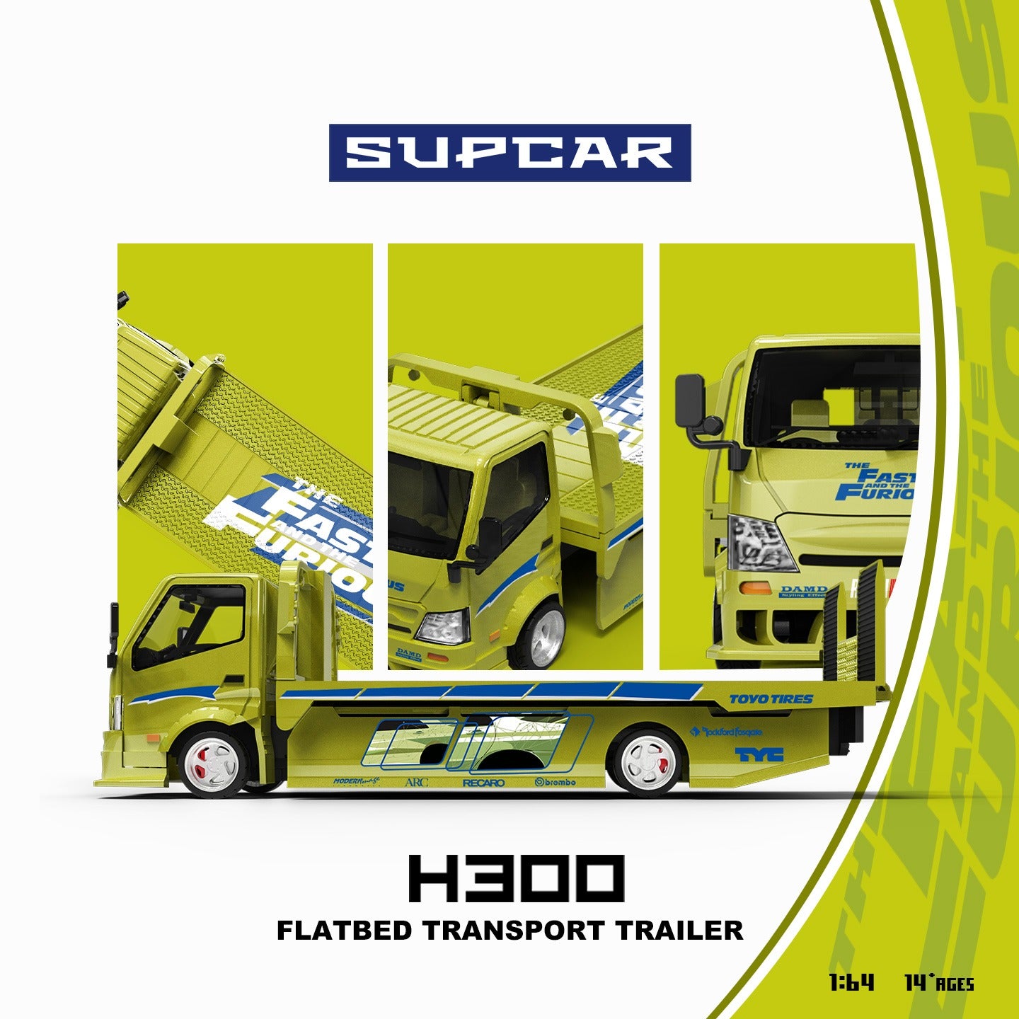 SupCar 1:64 H300 flatbed Transport Trailer - Fast and Furious Lime yellow