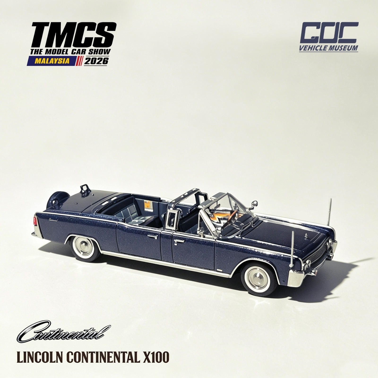 GOC 1/64 Lincoln Continental X100, Kennedy's car TMCS Malaysia 2026 Exhibition Edition