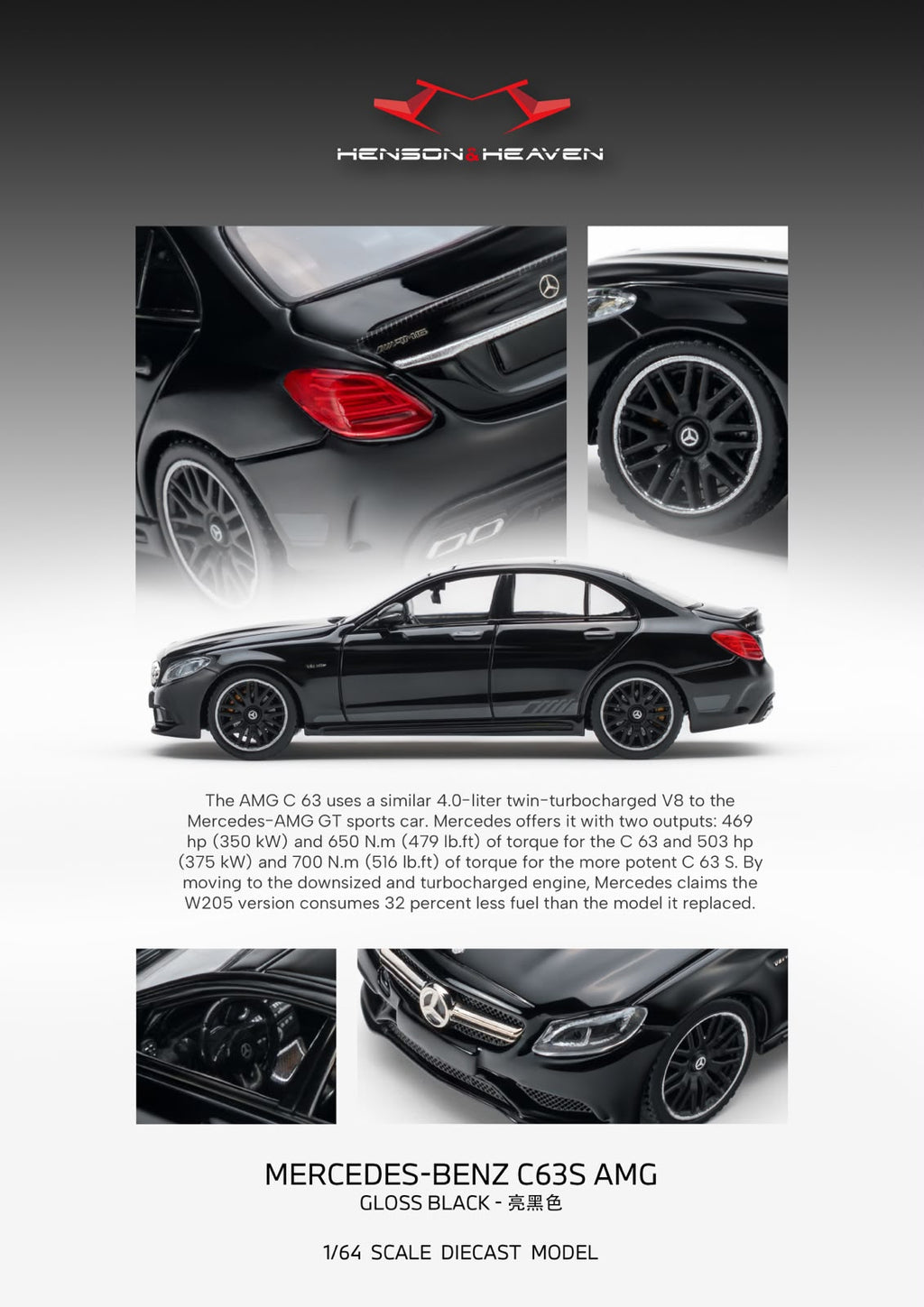HH Model 1/64 Benz C63 AMG W205 Diecast Model.